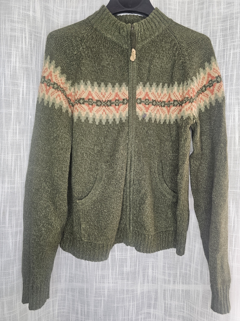 Woolrich Olive Green Zip-Up Fair Isle Yoke Cardigan